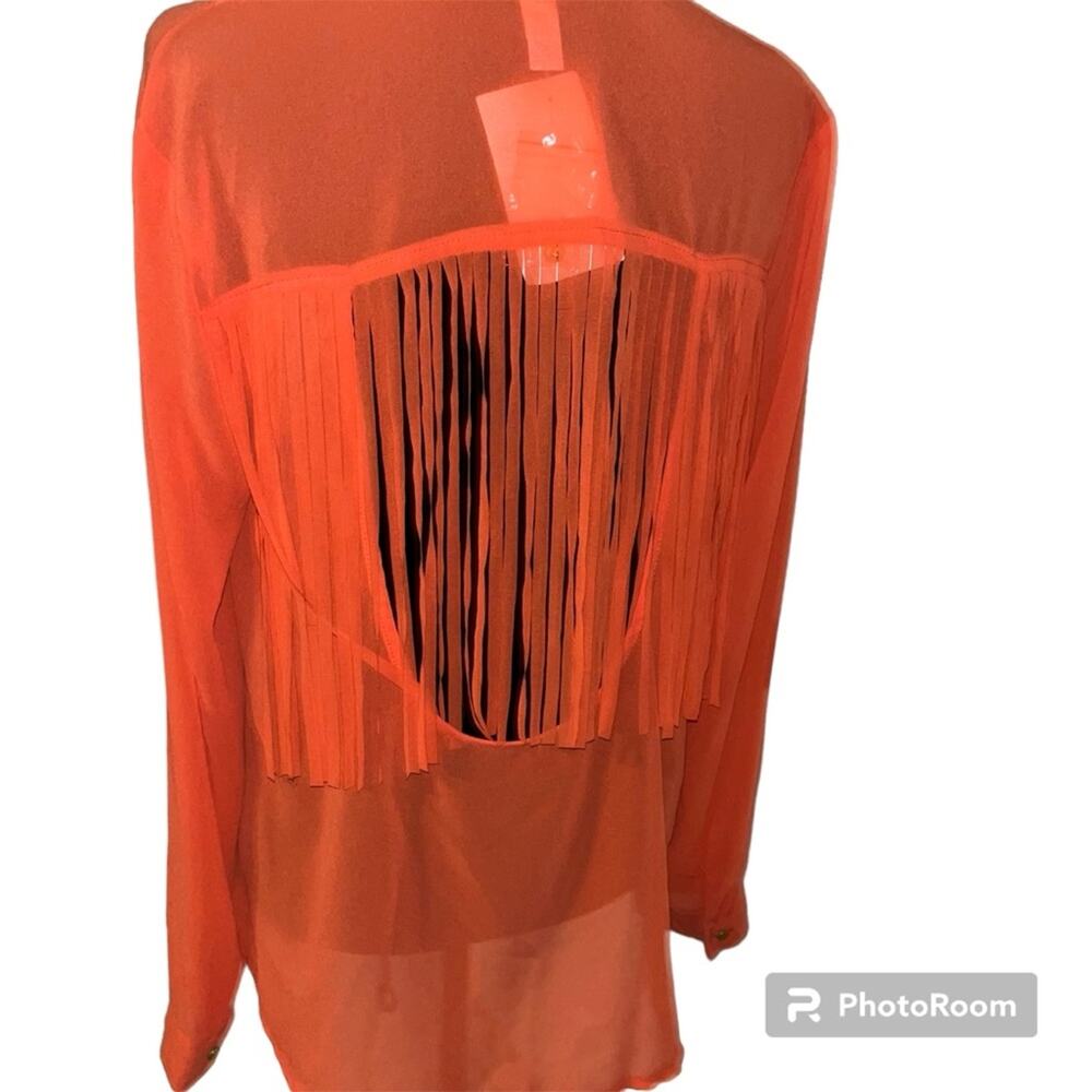 SHEER BUTTON DOWN BLOUSE WITH FRINGE BACK ORANGE SIZE M
